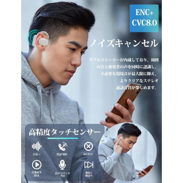 ワイヤレスイヤホン 空気伝導イヤホン Bluetooth5.3 耳を塞がないイヤホン 非骨伝導 ENC+CVC8.0ノイズキャンセリング AAC対応 Hi-Fi高音質 耳が痛くならない_11
