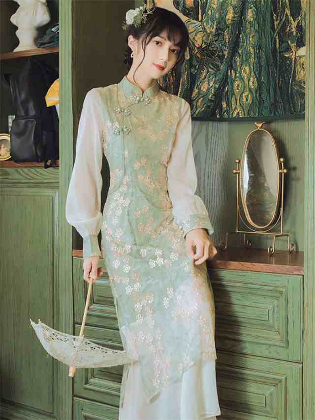 チャイナドレス 中華風ワンピース 春秋 マキシ丈 ロングワンピ レディース ワンピース 長袖 エレガント 普段着 通学 通勤の通販は