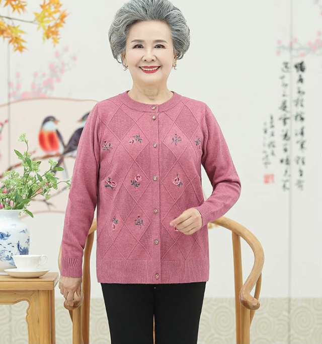 レディース婦人服ミセスシニアトップスカーディガン長袖クルーネック花柄羽織カジュアルおしゃれお出かけデイリー普段着50代60代70代ブラックの通販は