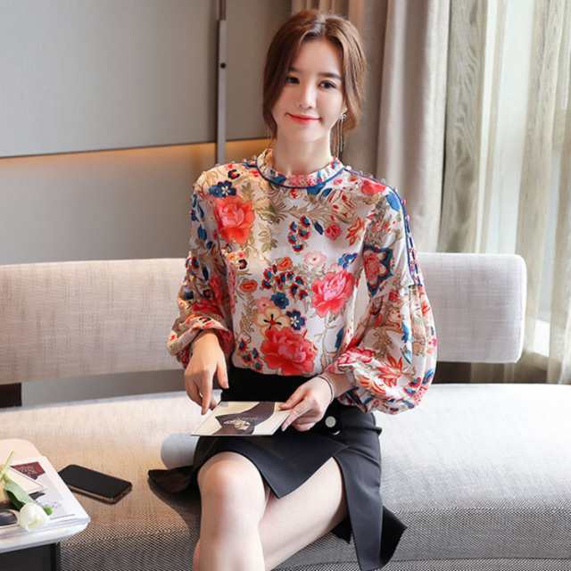 花柄 ブラウス シフォンシャツ レディース ハイネック パフスリーブ 大きいサイズ ゆったり 体型カバー 着痩せ シフォンブラウス 長袖 シの通販は 9,203円