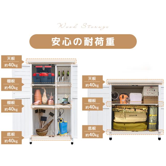 【特典10％還元！】【タイプB】木製物置き収納 マグネット扉 物置 収納庫 シェルフ 天然杉 ガーデンファニチャー 屋外収納 天然木 ウッドストッカー ベランダ 庭 屋外 グレーホワイト_5