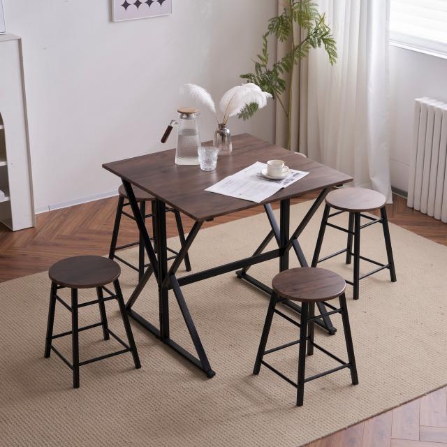 10％スーパー還元！！大人気！4人用　伸長折りたたみ式ダイニングテーブルセット　5点セット　スチール 食卓 ベンチ4脚 コンパクトおしゃれ 　「BROWN・ブラウン」の通販は