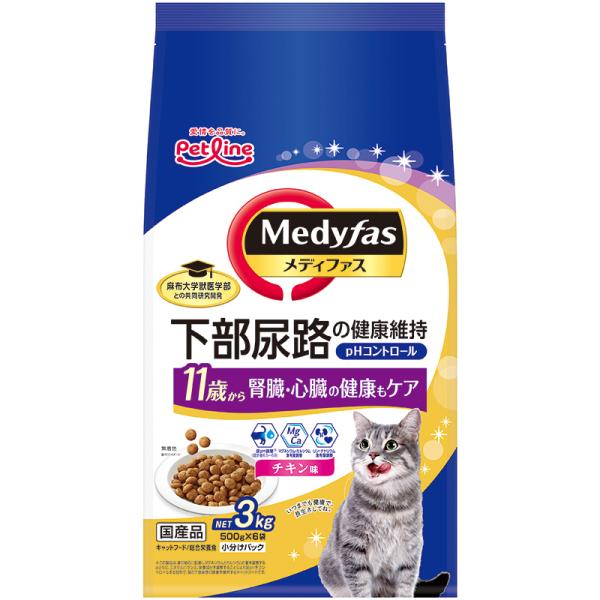 猫ドライフード 9258  ペットライン メディファス 11歳から チキン味 500g×6袋 4セット(24袋)の通販は