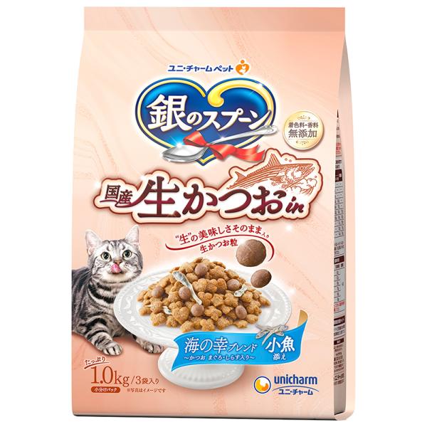 猫ドライフード 7759  ユニ・チャーム 銀のスプーン 国産生かつおin海の幸ブレンド小魚添え 1kg×8セット(8kg)