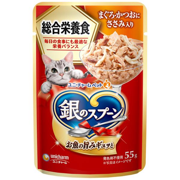 猫ウェットフード 7611 ユニ・チャーム 銀のスプーンパウチ 総合栄養食まぐろ・かつおにささみ入り 55g×80セット(4.4kg)