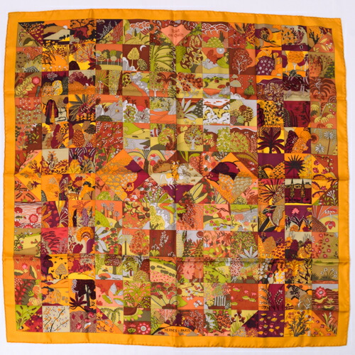 【Sランク】 エルメス HERMES スカーフ カレ90 シルク Tout en Quilt すべてはキルトの中に 花 植物 ショール 大判 バンダナ レディース オレンジ ブラウン グリーン 新品同様 中古 rh004