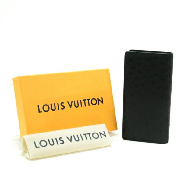 【SAランク】 ルイヴィトン LOUIS VUITTON ポルトフォイユ ブラザ オーストリッチ (レザー) エキゾチックレザー N92162 二つ折り財布 長財布 コンチネンタルウォレット かぶせ蓋 メンズ レディース ノワール (ブラック) 極美品 中古 map15007