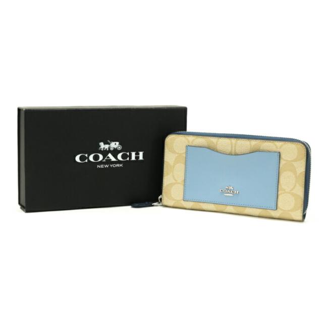 コーチ COACH アコーディオン ジップアラウンド ウォレット PVC / レザー カラーブロック シグネチャー F57318 長財布 ラウンドファスナー ロングウォレット レディース ベージュ / ライトブルー 美品 中古 mas06007
