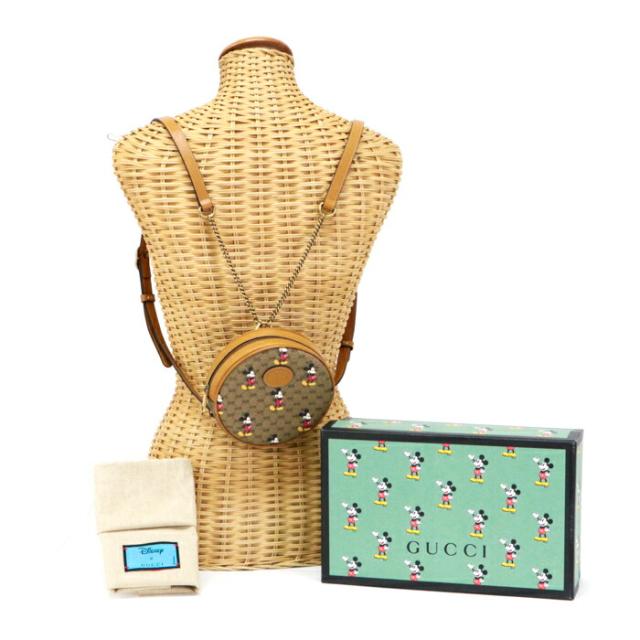 グッチ GUCCI エボニー ミニ GGスプリーム (PVC / レザー) ディズニー コラボ ミッキー プリント 603730 ラウンド リュック バックパック バッグ レディース メンズ ブラウン / イエロー 新品同様 中古 man05018の通販は