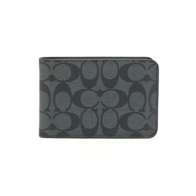 コーチ COACH トラベル ウォレット PVC レザー シグネチャー F37990 二つ折り財布 ミディアムウォレット 長財布 カードケース 札入れ メンズ グレー / ブラック 美品 中古 mau21016