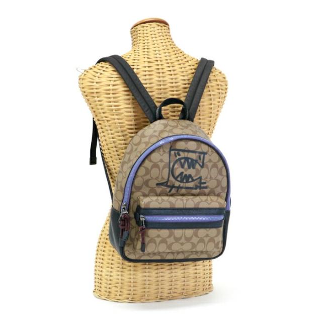 コーチ COACH バックパック PVC レザー シグネチャー GUANG YU グワン・ユー コラボ 1509 リュック デイパック バッグ メンズ レディース ベージュ / ブラック / パープル 中古 mav27015