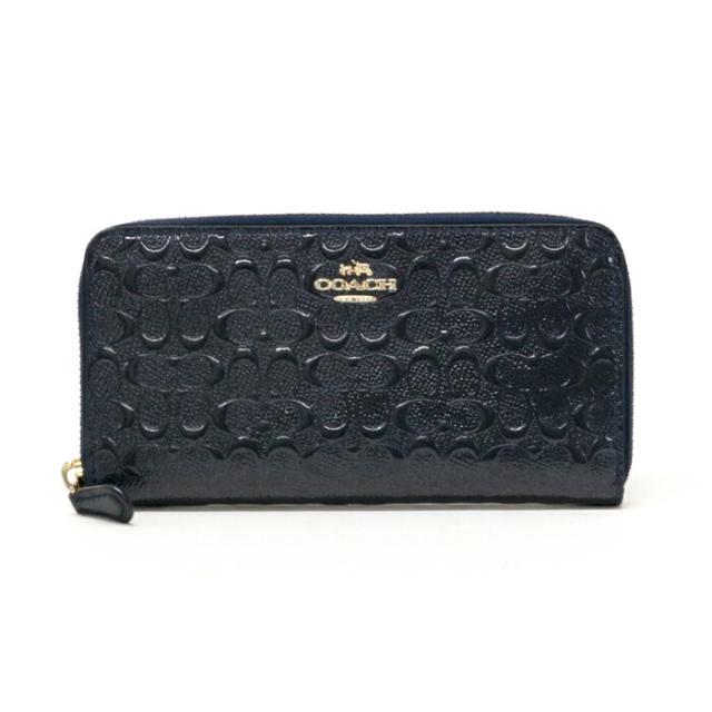 【ABランク】 コーチ COACH アコーディオン ウォレット パテント レザー シグネチャー デボスド 型押し F54805 長財布 ラウンドファスナー ロングウォレット レディース メンズ ネイビー 中古 may07002の通販は