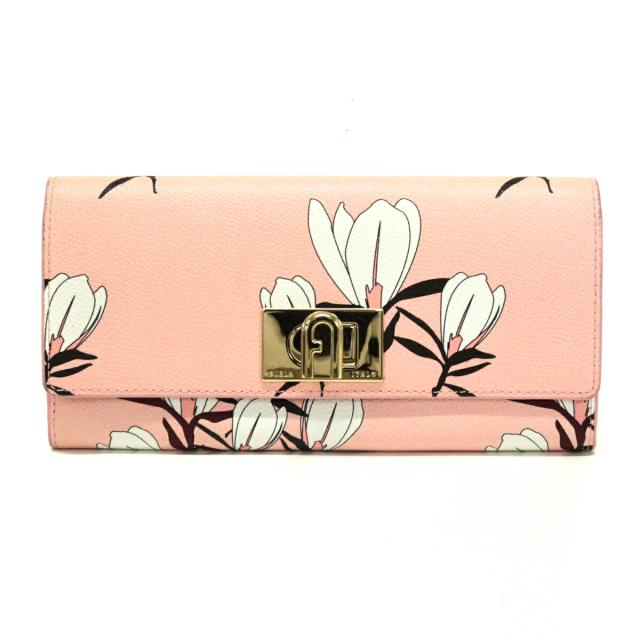 フルラ FURLA 長財布 PVC / レザー アーチロゴ マグノリア柄 花柄 W46000 かぶせ蓋 コンチネンタルウォレット ロングウォレット レディース トーニローゼキアーロ (ピンク) 中古 may06010