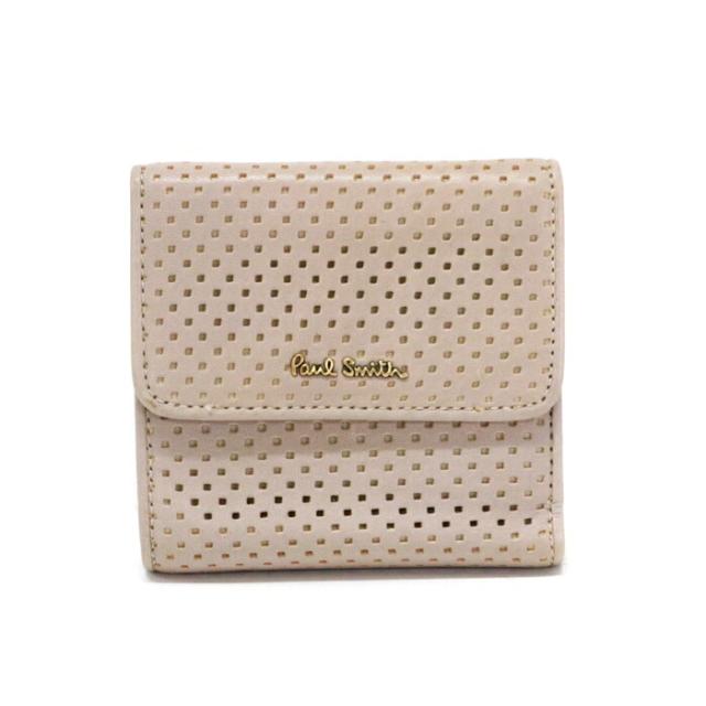 ポールスミス Paul Smith トリフォールドウォレット パンチング レザー PWU142 三つ折り財布 かぶせ蓋 ミディアムウォレット コンパクトウォレット レディース ベージュ 中古 may21007