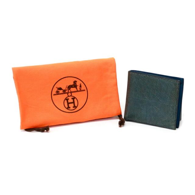 【ABランク】 エルメス HERMES MC2 タレス リザード (レザー) エキゾチックレザー SV金具 □E刻印 2001年 二つ折り財布 ミディアムウォレット コンパクトウォレット カードケース ケース メンズ レディース ブルー 中古 mba28004