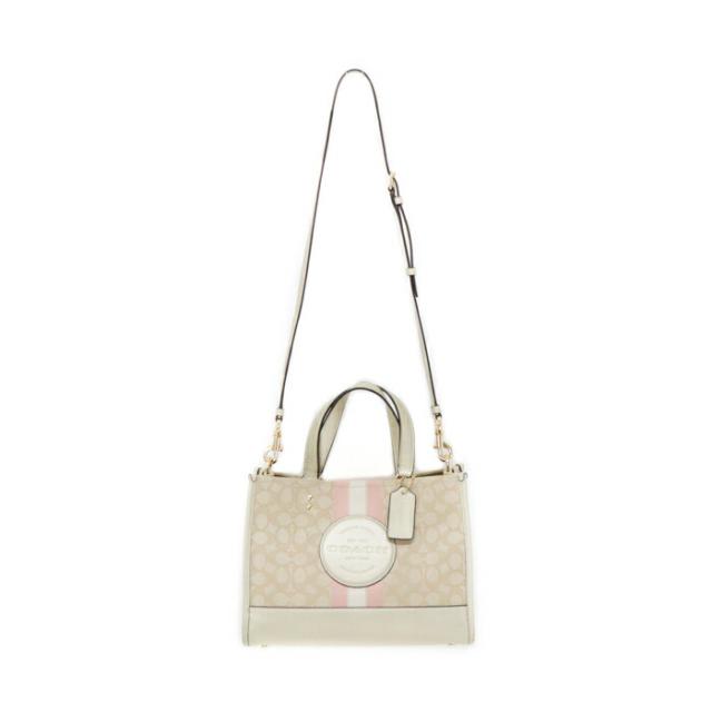 【ABランク】 コーチ COACH デンプシー キャリーオール シグネチャー ジャカード ストライプ アンド コーチ パッチ キャンバス レザー CE984 ハンドバッグ 2WAYバッグ レディース ライト カーキ (ベージュ) / ゴールド / ピンク 正規品 中古 mbe02009_1