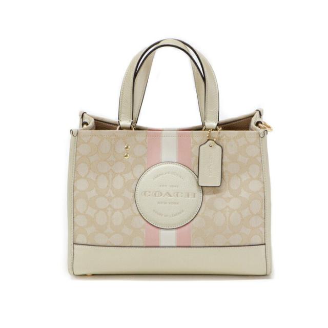 【ABランク】 コーチ COACH デンプシー キャリーオール シグネチャー ジャカード ストライプ アンド コーチ パッチ キャンバス レザー CE984 ハンドバッグ 2WAYバッグ レディース ライト カーキ (ベージュ) / ゴールド / ピンク 正規品 中古 mbe02009_2