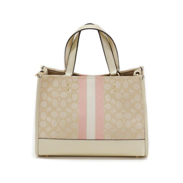 【ABランク】 コーチ COACH デンプシー キャリーオール シグネチャー ジャカード ストライプ アンド コーチ パッチ キャンバス レザー CE984 ハンドバッグ 2WAYバッグ レディース ライト カーキ (ベージュ) / ゴールド / ピンク 正規品 中古 mbe02009_3