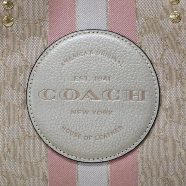 【ABランク】 コーチ COACH デンプシー キャリーオール シグネチャー ジャカード ストライプ アンド コーチ パッチ キャンバス レザー CE984 ハンドバッグ 2WAYバッグ レディース ライト カーキ (ベージュ) / ゴールド / ピンク 正規品 中古 mbe02009_6