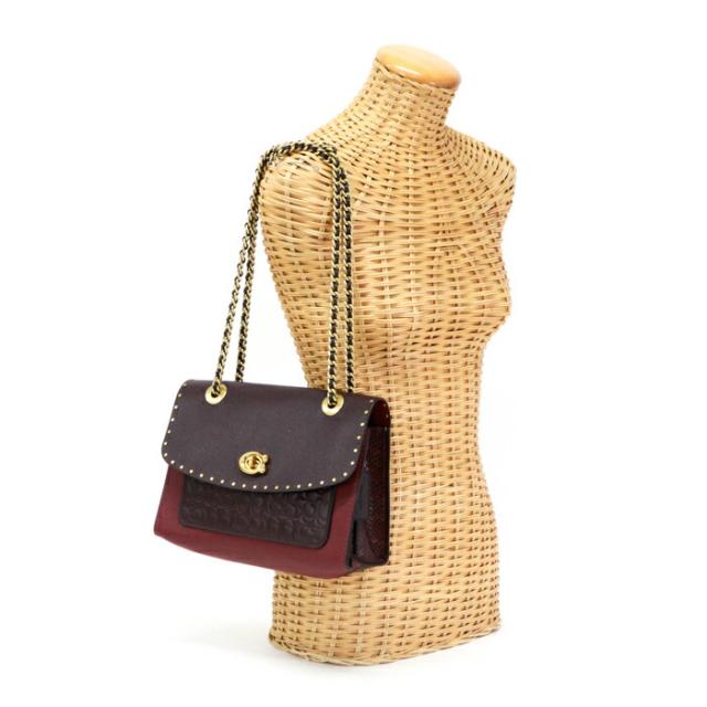 コーチ COACH パーカー ウィズリベット チェーンショルダー バッグ レザー シグネチャー 53344 ショルダーバッグ クロスボディ 斜め掛け 肩掛け チェーンバッグ 2WAYバッグ ハンドバッグ レディース ボルドー / ブラウン 中古 mbe02010の通販は