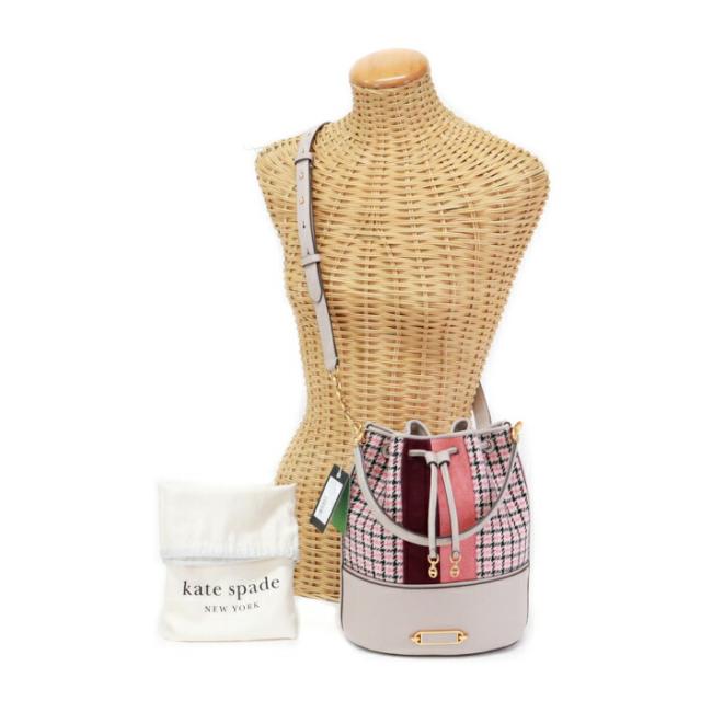 ケイトスペード Kate Spade グラマシー レーシング ストライプ プラッド ツイル ミディアム バケット バッグ ウール / ポリエステル / ペブルレザー プラッドチェック KC979 ショルダーバッグ 2WAYバッグ 肩掛け レディース ピンク / グレージュ 美品 中古 mbe25015