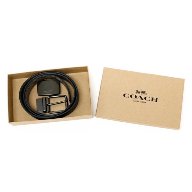 【SAランク】 コーチ COACH ボックスド ハーネス プラーク リバーシブル ベルト シグネチャー PVC / リファインド カーフ レザー 35mm F22540 アクセサリー 小物 メンズ カーキ (ベージュ) / ブラック 極美品 中古 mbg05002