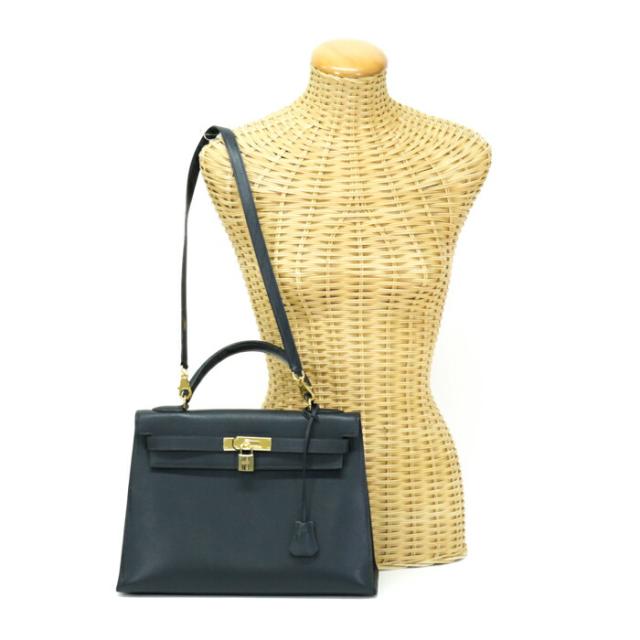 【ABランク】 エルメス HERMES ケリー32 外縫い クシュベル (レザー) GD金具 ハンドバッグ 手提げかばん トップハンドルバッグ 2WAYバッグ 肩掛け ショルダーバッグ ストラップ付き レディース メンズ ブルーインディゴ (ネイビー) 正規品 中古 mbi19004
