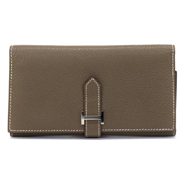 【ABランク】 エルメス HERMES ベアン デュプリ (2PLIS) シェーブル (レザー) SV金具 □K刻印 2007年 長財布 かぶせ蓋 三つ折り財布 ロングウォレット H金具 レディース メンズ エトゥープ (グレージュ) 正規品 中古 mbj19002