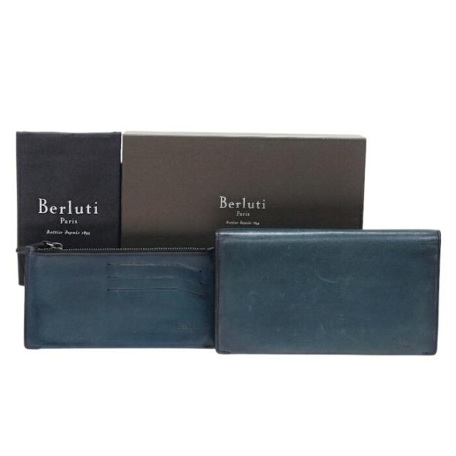 【ABランク】 ベルルッティ Berluti 長財布 スクリットレザー パティーヌ 二つ折り財布 コンチネンタルウォレット ロングウォレット クラッチ ベネチアンレザー イタリアンレザー メンズ ブルー 正規品 中古 mbj15012