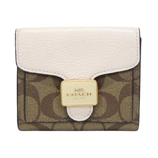 【Aランク】 コーチ COACH ペッパー ウォレット PVC / レザー シグネチャー C7805 三つ折り財布 かぶせ蓋 ミディアムウォレット コンパクトウォレット レディース カーキ / チョーク (アイボリー) 正規品 美品 中古 mbj26016