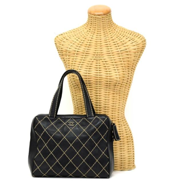 【Bランク】 シャネル CHANEL ワイルドステッチ ハンドバッグ カーフレザー ココマーク A14693 トートバッグ 手提げかばん ヴィンテージ レディース ブラック 正規品 中古 mbk23002