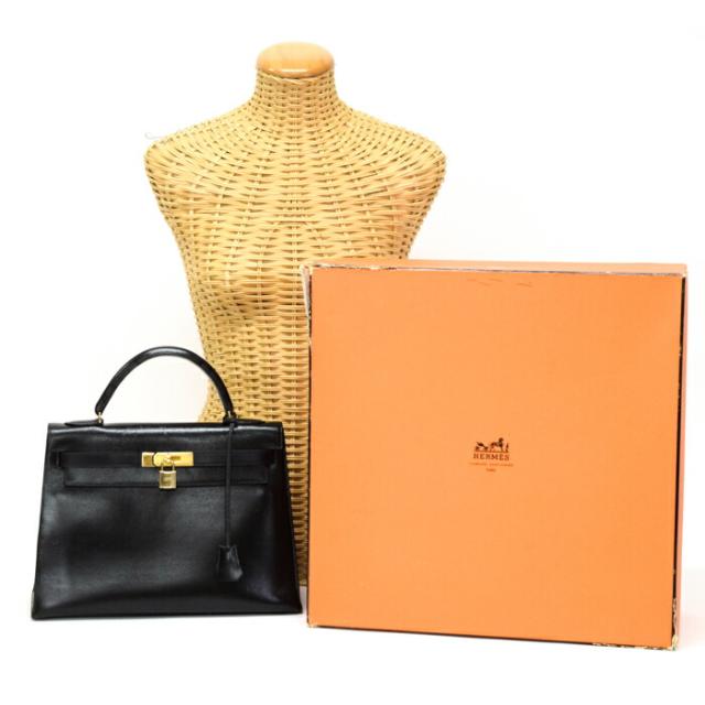 【Bランク】 エルメス HERMES ケリー32 外縫い ボックスカーフ (レザー) GD金具 ○T刻印 1990年 ハンドバッグ 手提げかばん トップハンドルバッグ 2WAYバッグ 肩掛け ビジネスバッグ ヴィンテージ レディース メンズ ノワール (ブラック) 中古 mbl30015