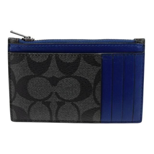 【ABランク】 コーチ COACH ジップ カード ケース シグネチャー キャンバス PVC / リファインド カーフ レザー CV764 パスケース カードケース ケース 定期入れ ミニ財布 マルチケース メンズ ブラック / ブルー 正規品 中古 mbm07010