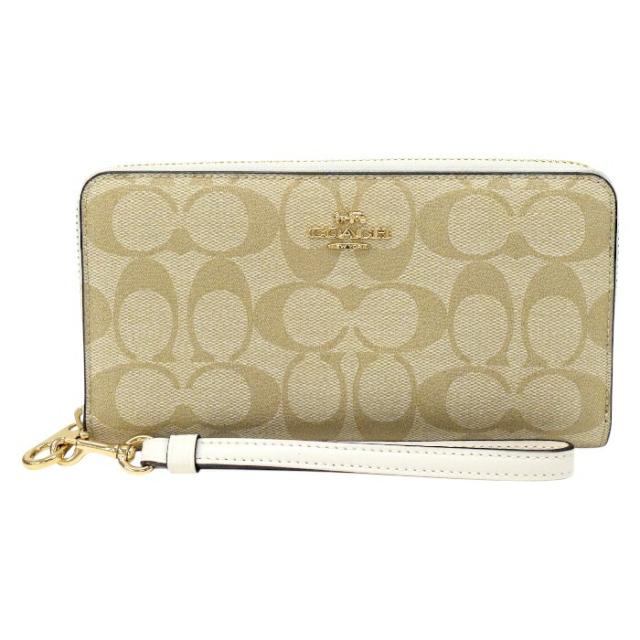 【Aランク】 コーチ COACH ロング ジップ アラウンド ウォレット PVC / レザー C4452 長財布 ラウンドファスナー ロングウォレット ストラップ付 レディース カーキ (ベージュ) / チョーク (アイボリー) 正規品 美品 中古 mbm21013
