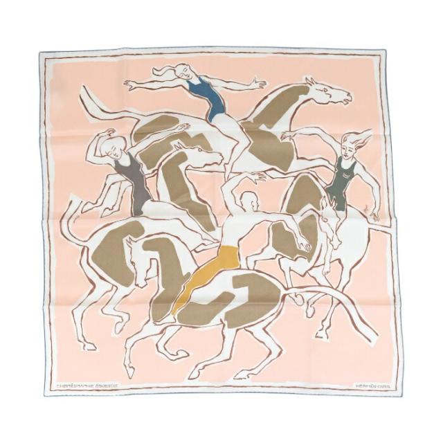 【Nランク】 エルメス HERMES スカーフ カレ 70 シルク100％ CHOREGRAPHIE EQUESTRE / コレグラフィ エケストル ショール ミニスカーフ 正方形 ローズナクレ / ブラン / マルチカラー 正規品 未使用 展示品 中古 mbm30011