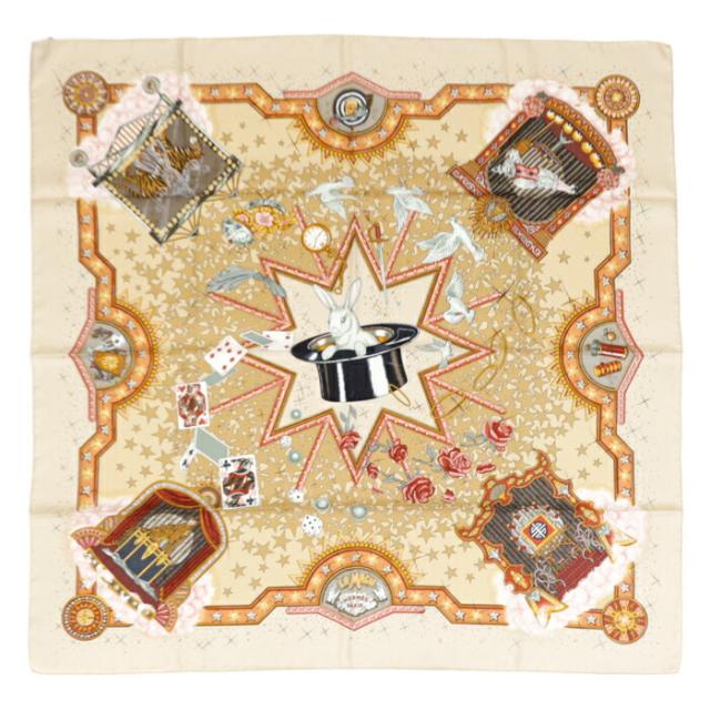 【Sランク】 エルメス HERMES スカーフ カレ90 シルク 100％ LA MAGIE / マジック ショール ベージュ / オレンジ / マルチカラー 正規品 新品同様 中古 mbn22004