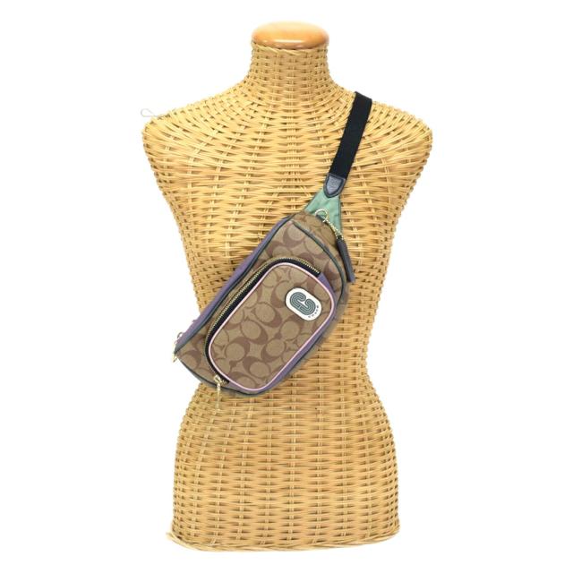 【ABランク】 コーチ COACH ボディバッグ PVC / レザー シグネチャー 91010 ショルダーバッグ クロスボディ 斜め掛け 肩掛け ベルトバッグ スリングバッグ メンズ ベージュ / パープル / グリーン / マルチカラー 正規品 中古 mbo30007