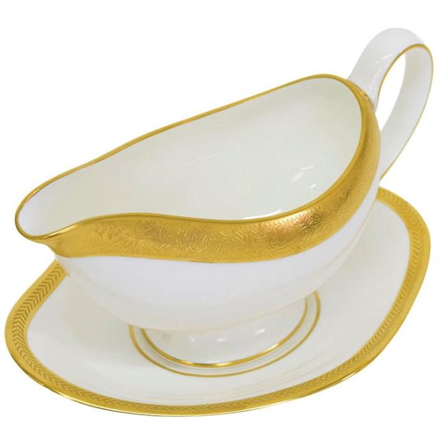 【ABランク】 ウェッジウッド WEDGWOOD アスコット (ASCOT) ソースポット ＆ ソーサー ボーンチャイナ (陶器) 金彩 イギリス製 廃盤品 黒壺 レディース メンズ ホワイト / ゴールド 正規品 中古 mbm07019