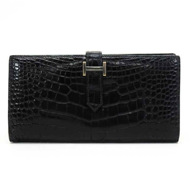 【Bランク】 エルメス HERMES ベアンスフレ アリゲーター (レザー) エキゾチックレザー SV金具 C刻印 (2018年) 長財布 二つ折り財布 かぶせ蓋 H金具 クロコダイル メンズ レディース ブルーマリン (ダークネイビー) 正規品 中古 mbp28006