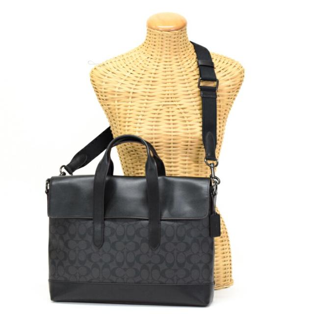 【ABランク】 コーチ COACH ハミルトン ポートフォリオ ブリーフ PVC / カーフレザー シグネチャー F77858 ビジネスバッグ 書類かばん 2WAYバッグ 肩掛け ショルダーバッグ メンズ ブラック 正規品 中古 mbq03010