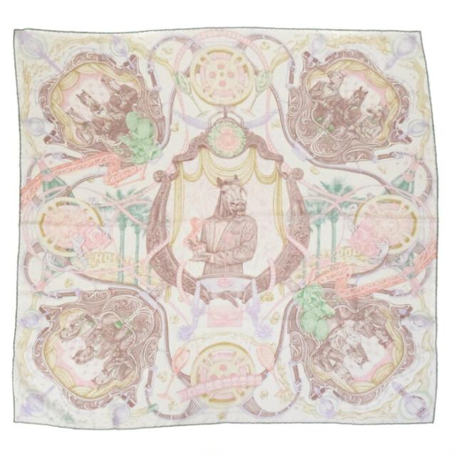 【Aランク】 エルメス HERMES スカーフ カレ 90 シルク 100% THE HORSAWARDS / ホースアワード 大判 ショール 馬柄 レディース アイボリー / ピンク / グリーン 正規品 美品 中古 mbq10006