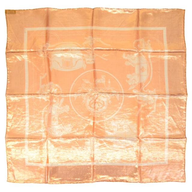 【Aランク】 エルメス HERMES カレグラム 70 シルク 70％ / ポリエステル 30％ EX-LIBRIS / エクスリブリス 蔵書票 四輪馬車 ショール メタリック 光沢 レディース メンズ ブロンズ 正規品 美品 中古 mbq10007