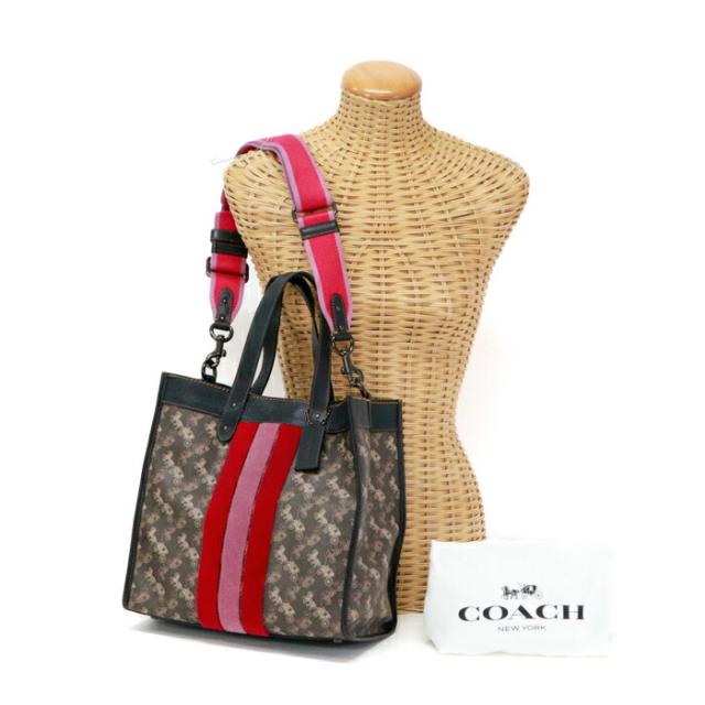 コーチ COACH フィールドトート ホースアンドキャリッジ プリント アンド ヴァ—シティストライプ PVC / ポリッシュド ペブル レザー 79366 トートバッグ 2WAYバッグ ショルダーバッグ ハンドバッグ レディース ブラウン / ブラック 中古 mbe30022の通販は