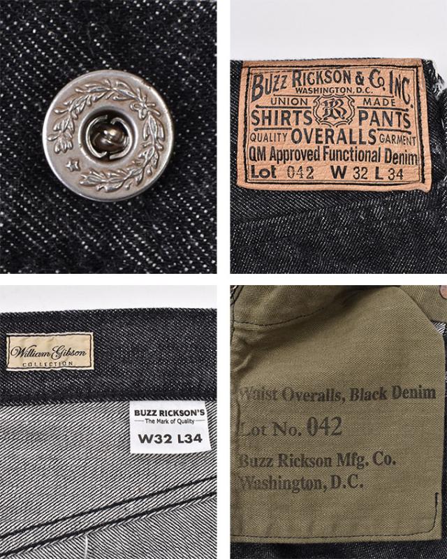BUZZRICKSON'S / Lot No. BR43042 / WILLIAM GIBSON COLLECTION / WORLD WAR II BLACK DENIM WAIST OVERALLS / 411A) ONE WASH バズリクソンズ / ウイリアムギブソンコレクション / 対戦モデル ブラックジーンズ ブラックデニム ワンウォッシュ / ブラック_4