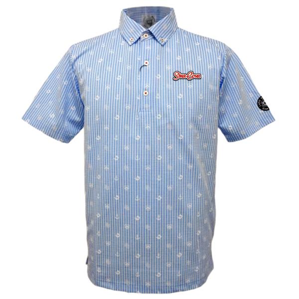 30%OFF 春夏 シナコバ 碇ロゴ総柄×ストライプ 半袖 ポロシャツ ブルーM L LL PS*0123150550250