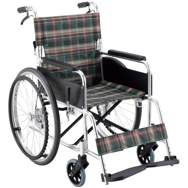 自走式車いす KS50M 座面幅40cm／グリーンチェック（マキテック）KS50M-40GCS ノーパンクタイヤ仕様 自走式車いす 背折れタイプ
