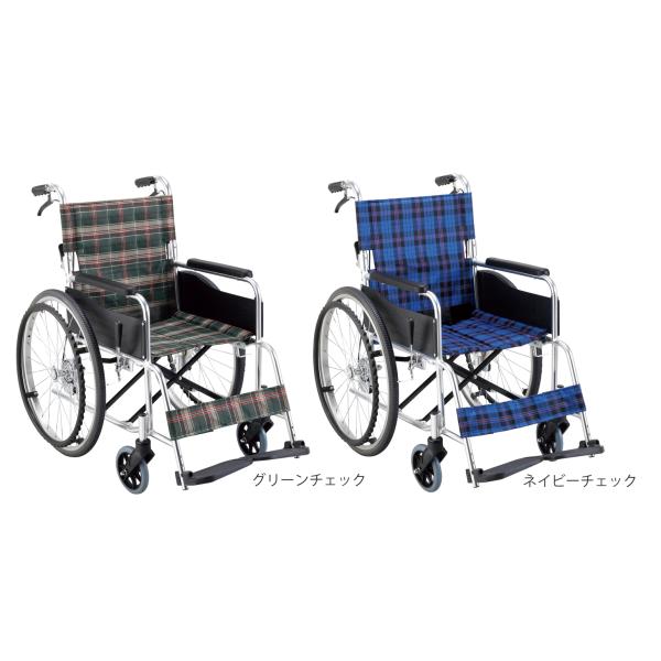 自走式車いす KS50M 座面幅40cm／ネイビーチェック（マキテック）KS50M-40NCS ノーパンクタイヤ仕様 自走式車いす 背折れタイプ