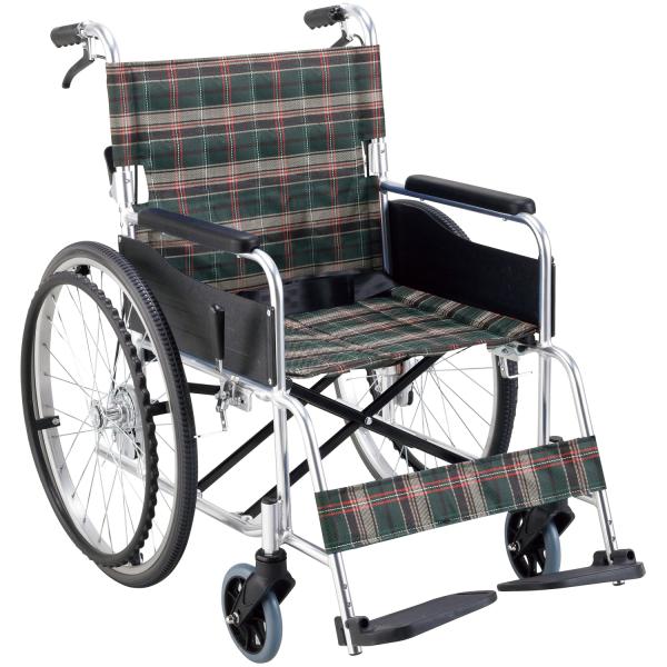 自走式車いすワイドタイプ KS50M 座面幅46cm／グリーンチェック（マキテック）KS50M-46GCS ノーパンクタイヤ仕様 自走式車いす 背折れタイプ