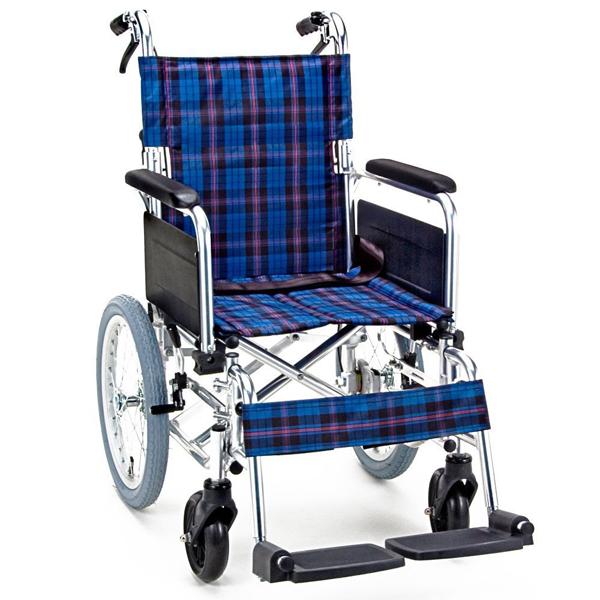 多機能タイプ車いす 肘跳ね上げ式スイングアウトタイプ KS70 座面幅40cm／ネイビーチェック（マキテック）KS70-4043NC 介助式車いす 背折れタイプ