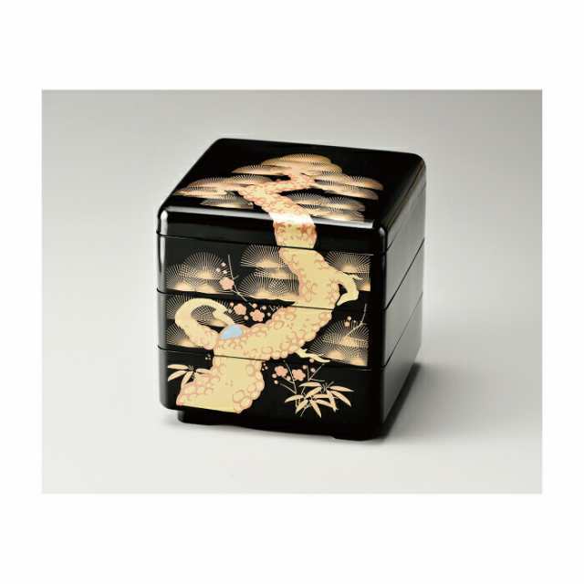 三段重 松竹梅蒔絵 黒内朱 6.5寸 漆塗り 木製 12-14702 漆器の井助